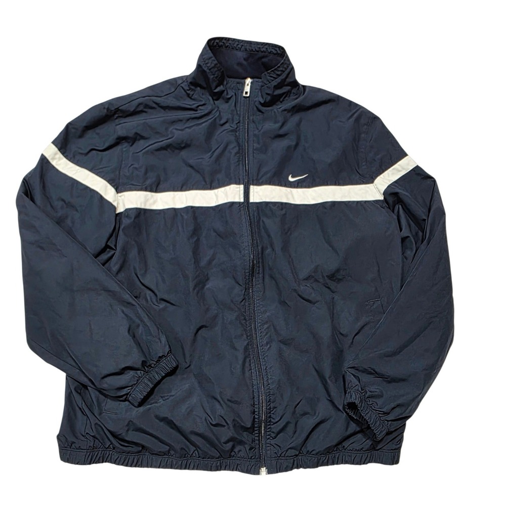 Nike Full Zip Windbreaker Jacket Mens XL Navy Blue Polyester Mesh Lined Stripe